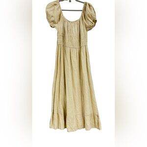 NWT Simi & Sam Linen Cottagecore Midi Dress Puff Sleeve Neutral Boho Prairie | M